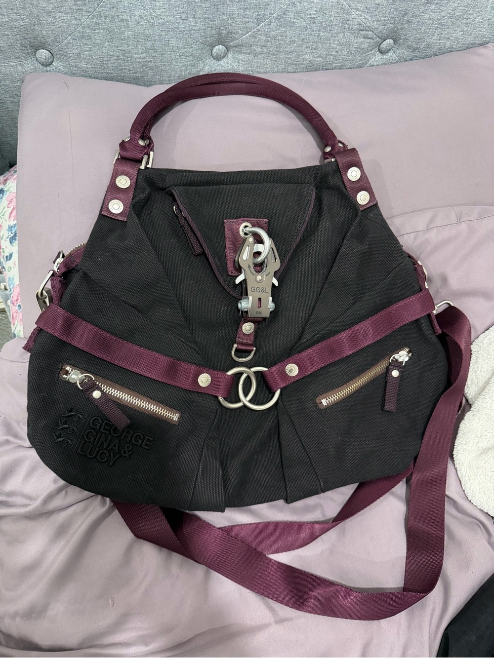 George Gina & Lucy (GGL) Black Shoulder Bag with Plum Accents